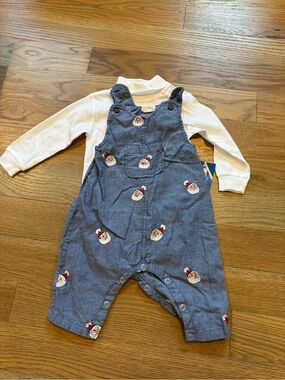 Pink Chicken Blue Rooster Santa Embroidered Denim-Blue Overalls with White Shirt